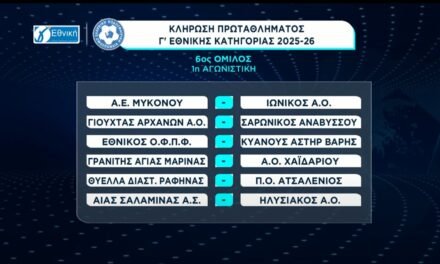 Δείτε το αναλυτικό πρόγραμμα του πρωταθλήματος της Γ’ Εθνικής για τον 6ο όμιλο που αγωνίζεται η Μύκονος (video)